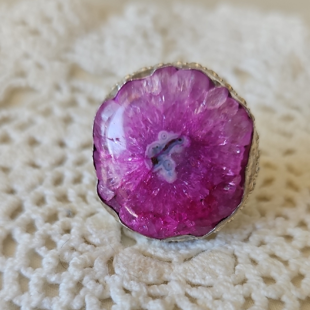 Pink Solar Quartz Druzy Silver Plate Ring Size 9